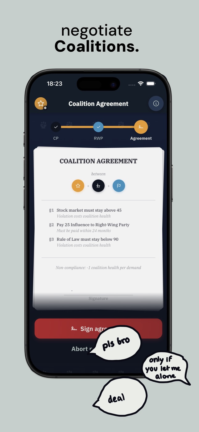 Screenshot: negotiate coalitions with multiple parties.