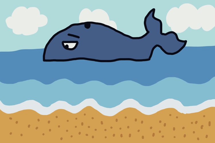 Hand drawn scene from the game: Hope the whale stranded on the Baltic shore.