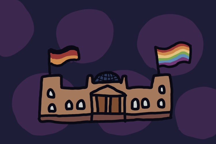 Hand-drawn Reichstag with the German flag and a rainbow flag.